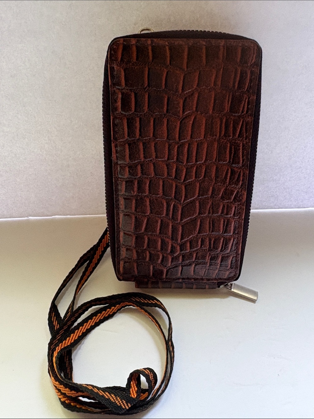 Genuine Leather Brown Croc Crossbody Phone Bag Wallet Travel Tech Pouch